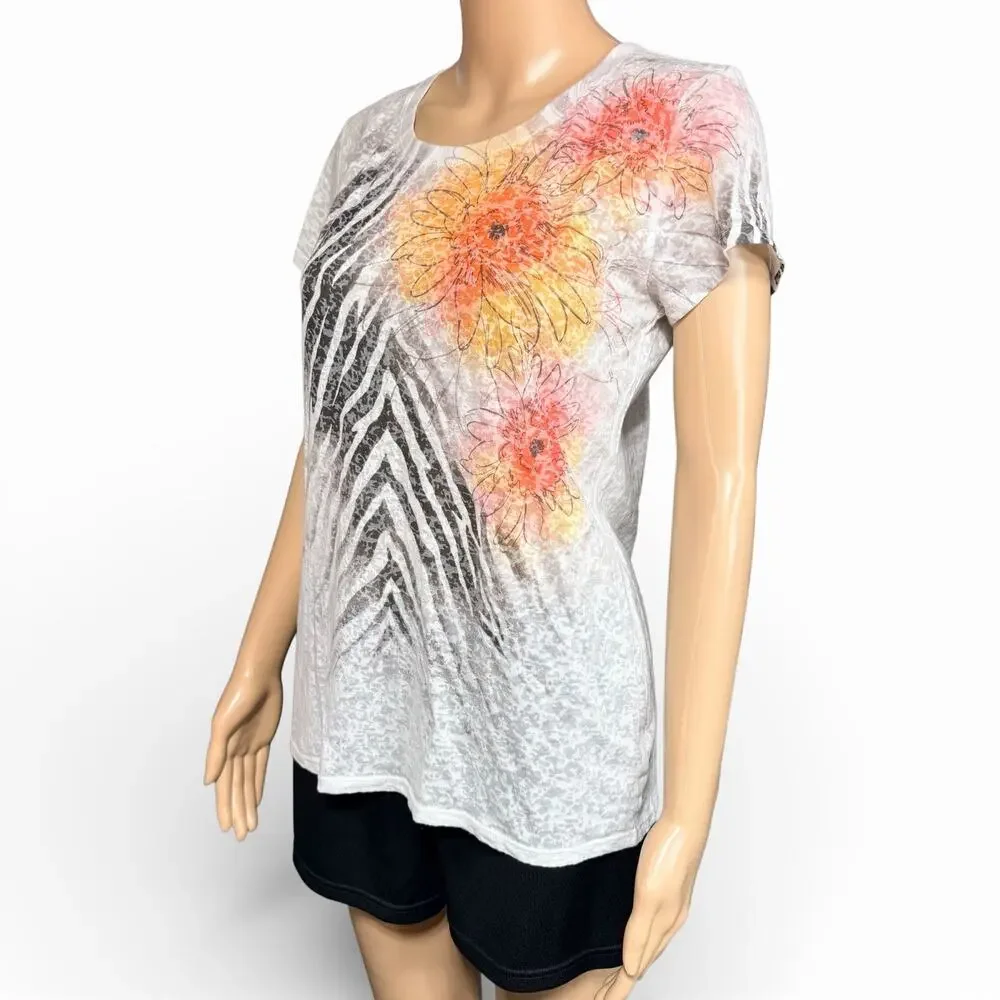 Y2K Artisans Apparel Womens T Shirt Top Bright Floral Print Nearly Sheer Medium
